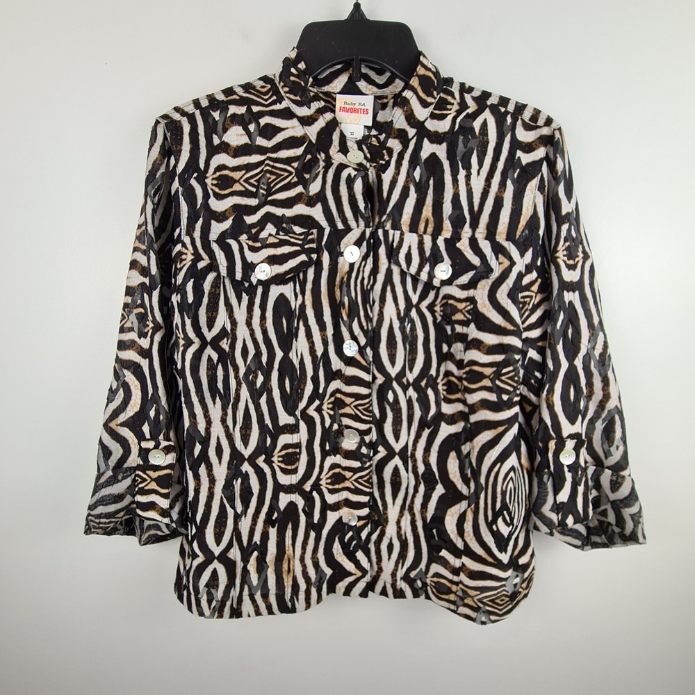 Ruby Rd Favorites Womens 10 Zebra Print Burnout Button Down 3/4 Sleeve Shirt
